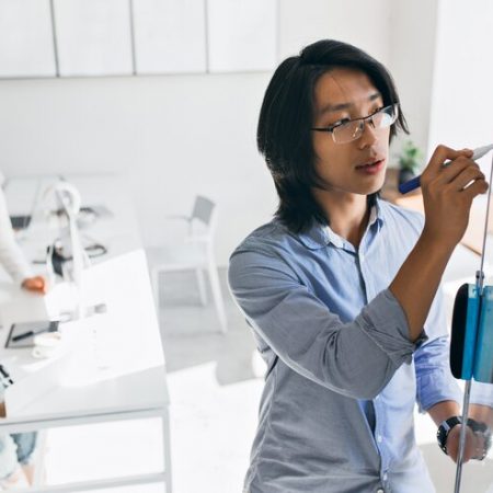 concentrated-asian-manager-drawing-graph-flipchart-during-presentation-indoor-portrait-chinese-office-worker-writing-something-white-board-while-his-female-colleagues-watching_197531-3770